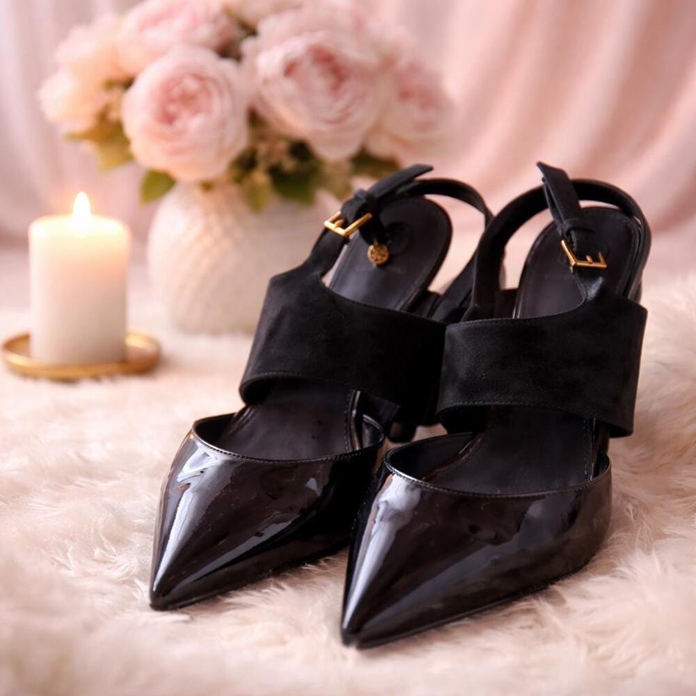 Tory Burch Ashton Black Suede Leather Slingback Kitten Heel Sandal Pumps 10.5 M.